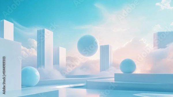 Fototapeta Abstract 3D render of a futuristic cityscape with white geometric shapes and floating spheres in a cloudy sky.