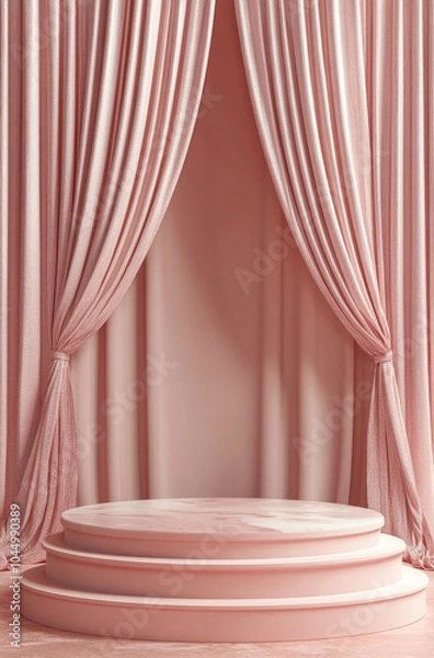 Fototapeta Feminine and Delicate 3D Rendered Podium with Soft Blush Curtains for a Warm Touch