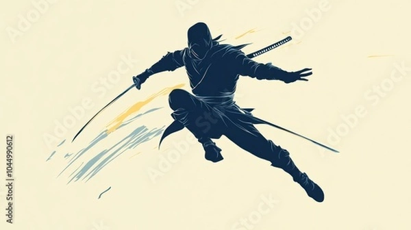 Obraz Silhouette of a ninja warrior jumping with a sword in hand, against a light background with yellow and blue brushstrokes.