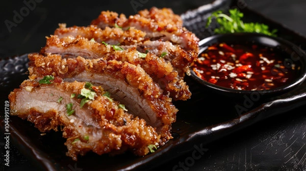 Fototapeta Crispy pork slices served with flavorful dipping sauce on black plate, garnished with herbs, creating delicious and appetizing presentation
