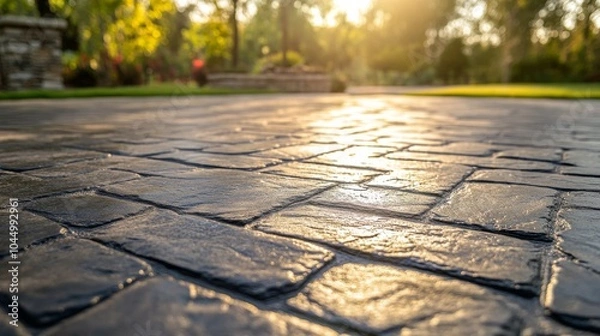Fototapeta Close-Up View of Stamped Concrete with Brick Pattern in Natural Light