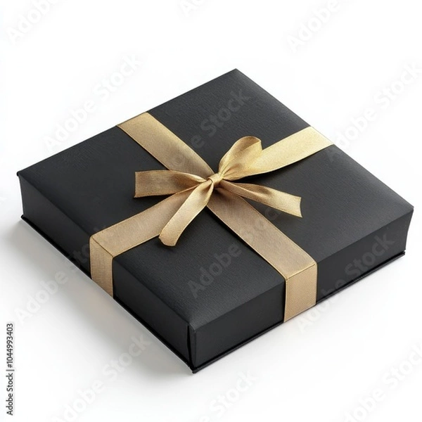 Fototapeta Elegant Black Gift Box Tied with a Gold Ribbon Isolated on White Background