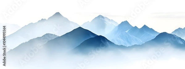 Fototapeta Illustration of blue mountains in the fog, vector art, white background, flat design