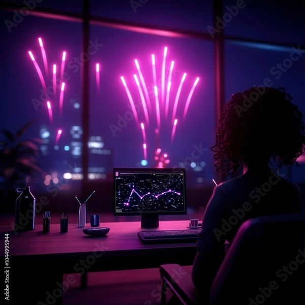 Fototapeta Celebrating Progress A Nighttime View of Data Analysis with Fireworks in the Background