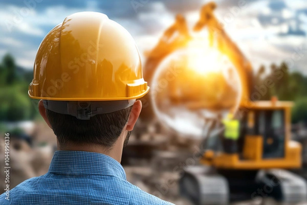 Obraz Construction worker overseeing heavy machinery operations at sunset
