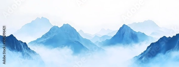 Fototapeta Illustration of blue mountains in the fog, vector art, white background, flat design