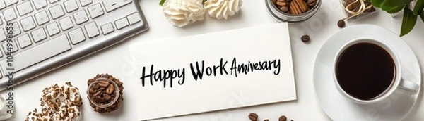 Fototapeta A cozy workspace featuring a coffee cup, treats, and a keyboard with a handwritten note saying "Happy Work Anniversary.