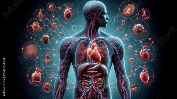 Fototapeta A comprehensive diagram of human organs connected by the circulatory system.