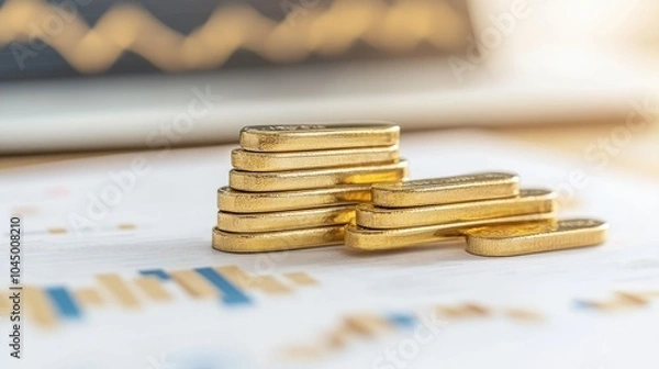 Fototapeta Golden bars stacked beside a rising financial stock diagram symbolizing capital growth and investment value