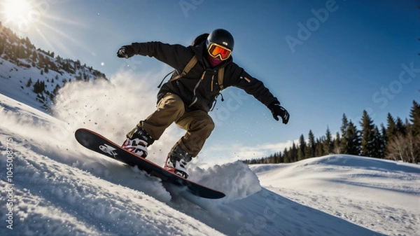 Fototapeta snowboarder on a mountain slope in winter, man enjoying snowboarding in mountain, ski resort, winter sport, hobby, active recreation, landscape, banner