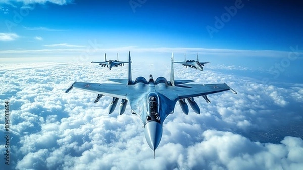 Fototapeta Three fighter jets fly in formation above the clouds.