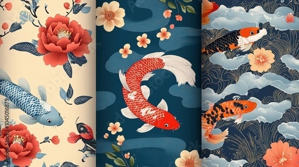 Fototapeta Three different seamless patterns inspired by Japanese and Chinese art with koi fish, cherry blossoms, and a pagoda.