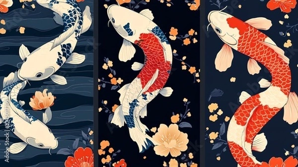 Fototapeta Three different seamless patterns inspired by Japanese and Chinese art with koi fish, cherry blossoms, and a pagoda.