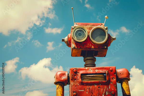 Fototapeta Vintage red robot on blue sky background - retro and vintage style. Generative AI