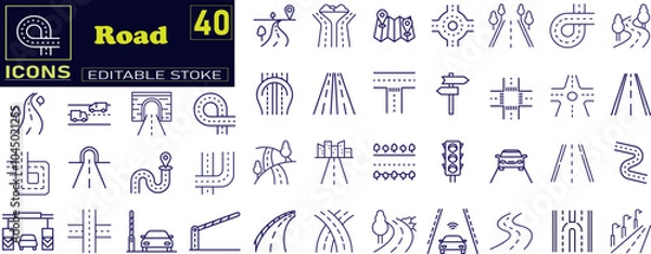 Fototapeta Road icon set. Containing street, highway, traffic light, signpost icons .
