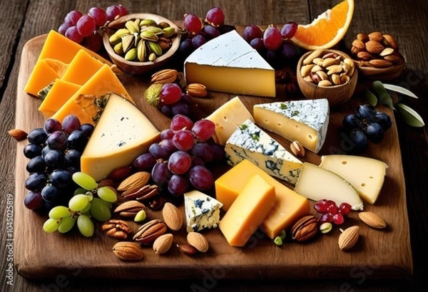 Fototapeta vibrant cheese platter featuring array colorful assorted fresh fruits exquisite presentation, appetizer, arrangement, berries, buffet, cashews, cheesy