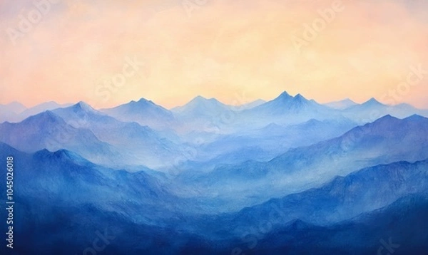 Fototapeta Blue mountain range under a hazy sky.