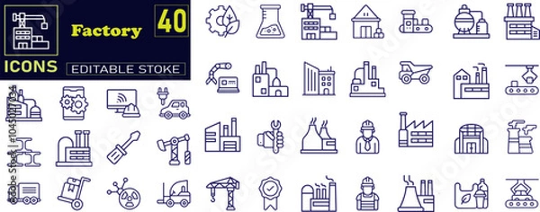 Fototapeta Factory and industry line icon set. Plant, manufacture and production.