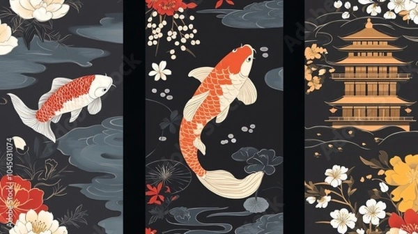 Fototapeta Three different seamless patterns inspired by Japanese and Chinese art with koi fish, cherry blossoms, and a pagoda.