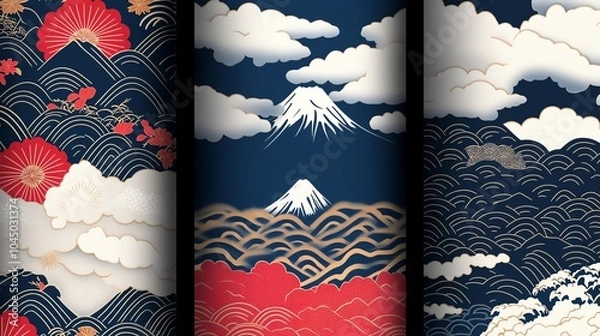 Fototapeta Three different seamless patterns inspired by Japanese and Chinese art with cherry blossoms, clouds, and a pagoda.