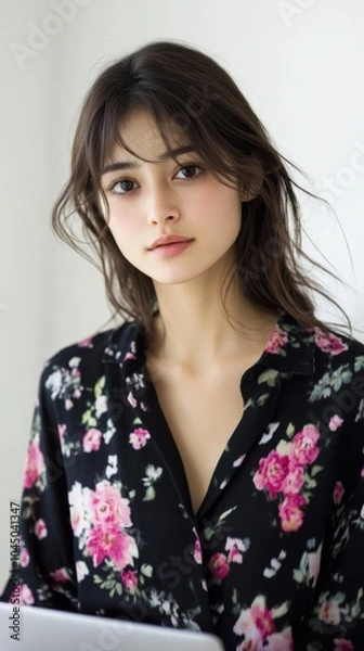 Fototapeta 花柄ファッションポートレート：ファッションデザインや編集用にスタイリッシュな黒の花柄ブラウスを着たエレガントな若い女性