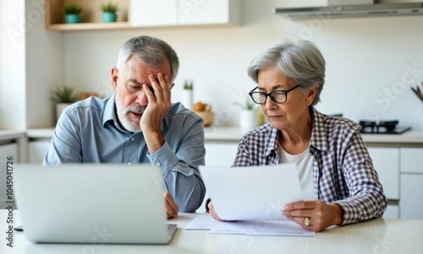 Fototapeta Senior couple worried about finances at home — Elderly man and woman, both with gray hair, sitting at the table, reviewing financial documents and working on a laptop, looking stressed and concerned.