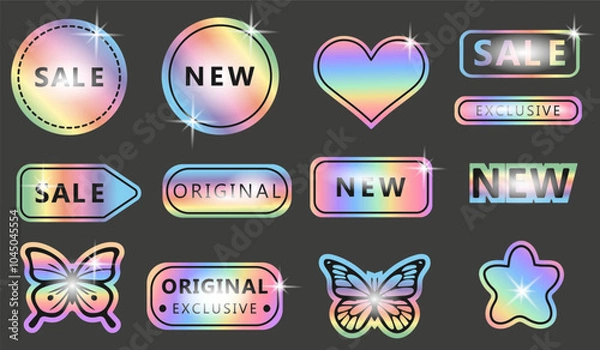Fototapeta A set of colored neon stickers, a label with a holographic effect. Isolated shiny rainbow emblems