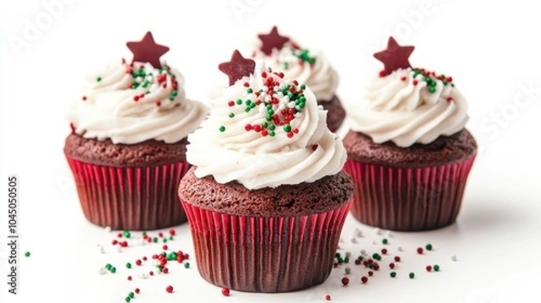 Fototapeta Festive red velvet cupcakes with cream cheese frosting and holiday sprinkles, isolated on white background