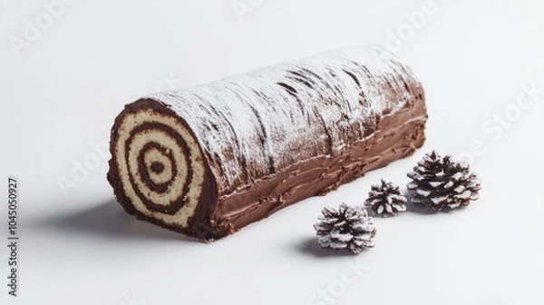 Fototapeta Festive Yule log cake with chocolate frosting and powdered sugar snow, isolated on white background