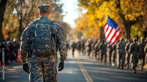Fototapeta Veterans Day Parade March, including military members and veterans walking in a parade with copy space