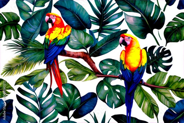 Fototapeta Seamless Pattern watercolor illustrations tropical palm leaves parrots birds isolated flora background, Tropic Patterns, Generative AI
