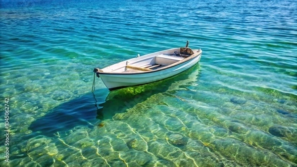Obraz small white boat floating in water near shore from forced perspective