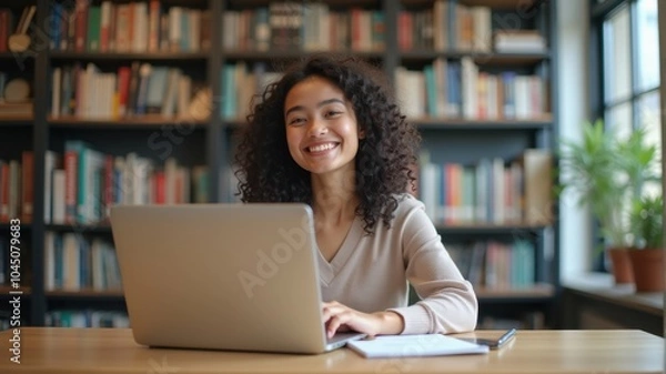 Fototapeta Confident young woman working in a library — A young woman with curly hair smiling while working on a laptop in a library, looking confident and productive.