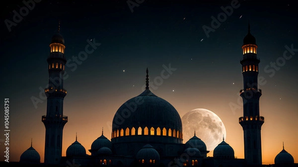 Obraz Mosque silhouette with moon on black background