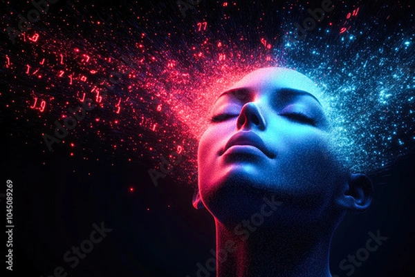 Obraz A digital head shown with explosive streams of red and blue data, symbolizing the dynamic forces of technology and human thought in harmony and expansion.
