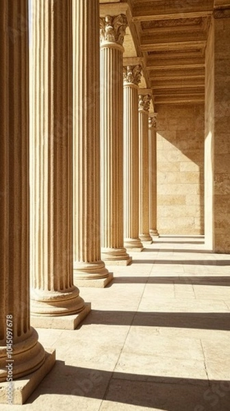Fototapeta Majestic Corinthian columns cast long shadows across a sunlit marble portico, evoking the timeless grandeur of classical architecture in this serene perspective.
