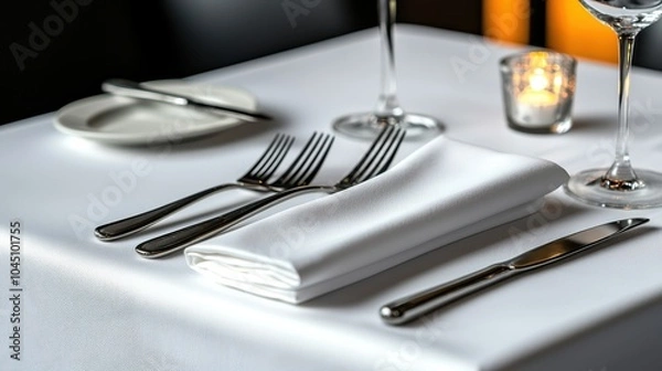 Fototapeta Elegant dining setup with cutlery, glassware, and a white tablecloth.
