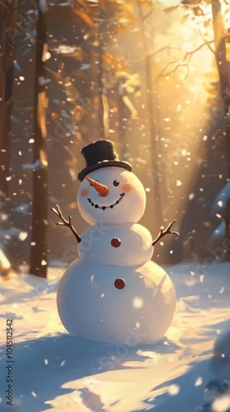 Fototapeta Snowman standing in snowy forest at sunset