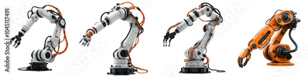 Fototapeta Set of Mechanical industrial robots arms isolated on the transparent background