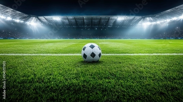 Fototapeta A close-up view of a soccer ball on the lush green field under stadium lights.