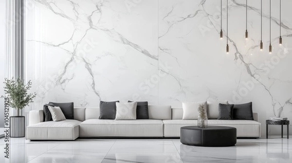 Fototapeta A stylish living room with modern furniture, white marble walls, and a sleek design. This is a computer-generated image, so it's not a real photograph.