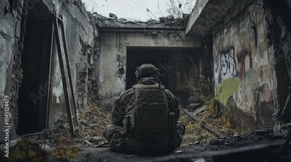 Fototapeta Soldier in Abandoned Urban Ruins During Tactical Operation with Dilapidated Structures. Generated ai.