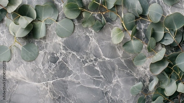 Fototapeta Eucalyptus leaves spread out on a smooth, gray marble surface.
