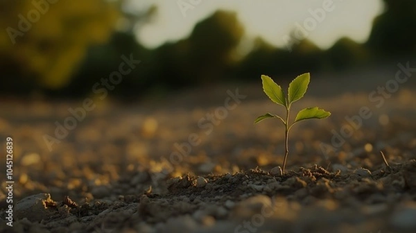 Fototapeta A dramatic close-up of a sapling growing from cracked, dry soil, with the vibrant green of the new life standing out in high resolution, while the barren landscape around it blurs into soft bokeh