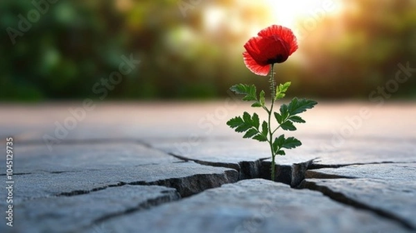 Fototapeta Anzac day remembrance concept with bright red poppies emerging from cracks in pavement at sunrise