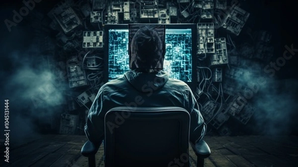 Obraz Programmer sitting in a chair, face hidden by a large monitor from behind