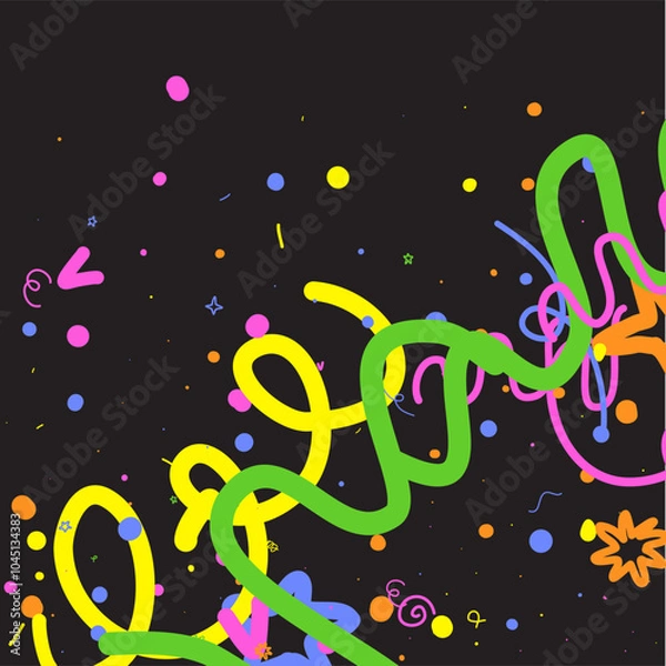 Fototapeta Doodle Confetti Pattern Background. Vector Simple Line Abstract Birthday Card. Kid Drawing Shapes in Cartoon Style. Happy Celebration Elements for Graphic Illustration. Ribbons, Lines, Stars Shape 