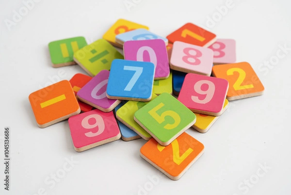 Fototapeta Number wood block cubes for learning Mathematic, education math.