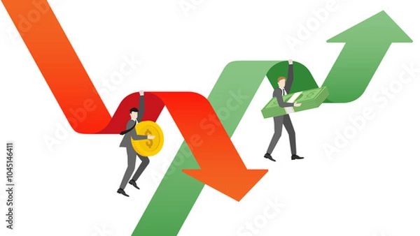 Fototapeta Business competition of a businessman holds banknotes on a rising green arrow graph for increase investment, a coin on a slumped red arrow graph for average cost. Wealth in corporate and financial