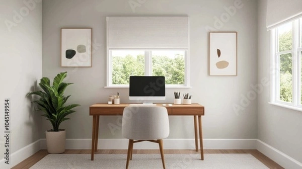 Fototapeta Modern Home Office with Simple Desk and Personal Touches
